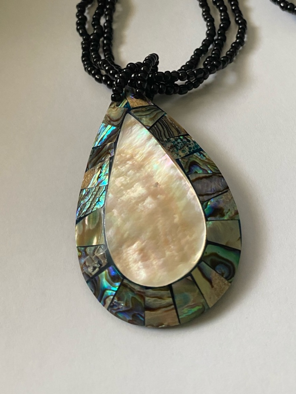 Mother of Pearl and Abalone Teardrop Pendant Necklace - Black Beaded Strand